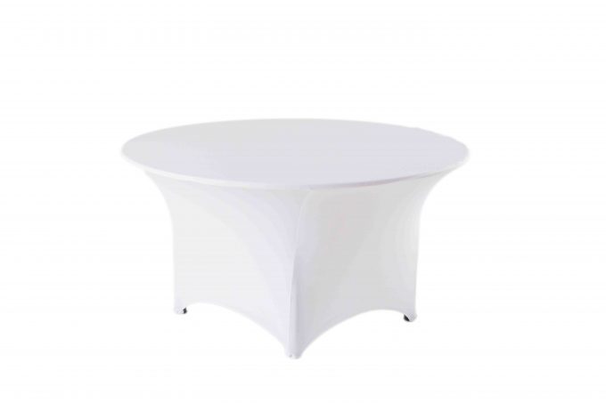 Kruhový stôl s bielym strečovým návlekom pre 4-8 osôb